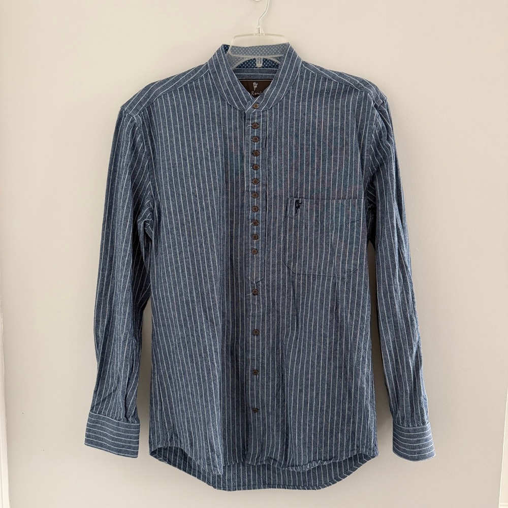 The Celtic Ranch Blue Striped Cotton Linen Grandfather Shirt Mens S Heritage